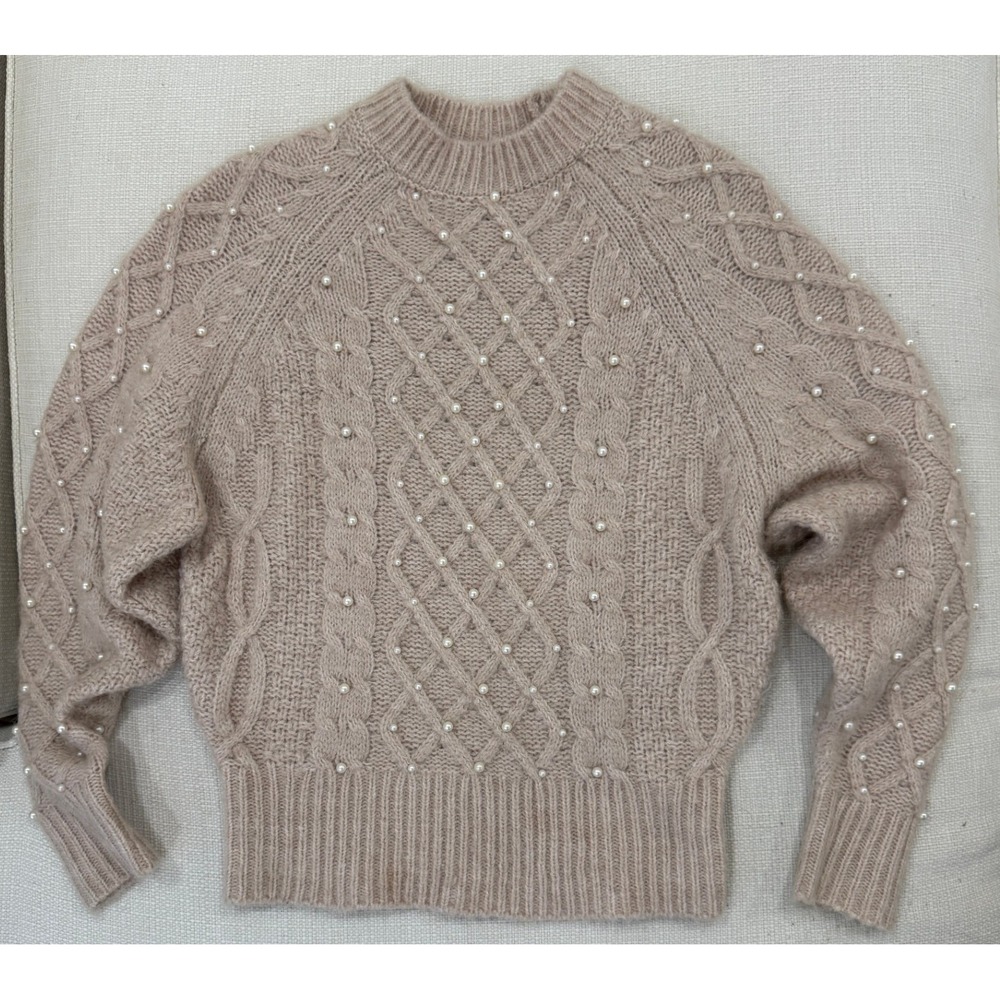 Black Tape Sweater Womens S Cable Knit Pearl Embellished Tan Excellent
